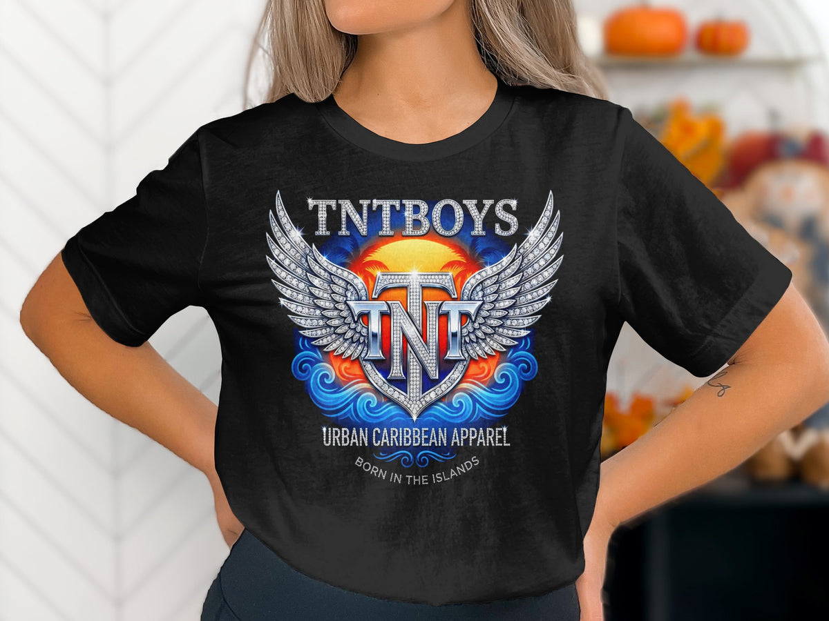 Black t-shirt with TNT BOYS logo featuring wings, sun, and waves.