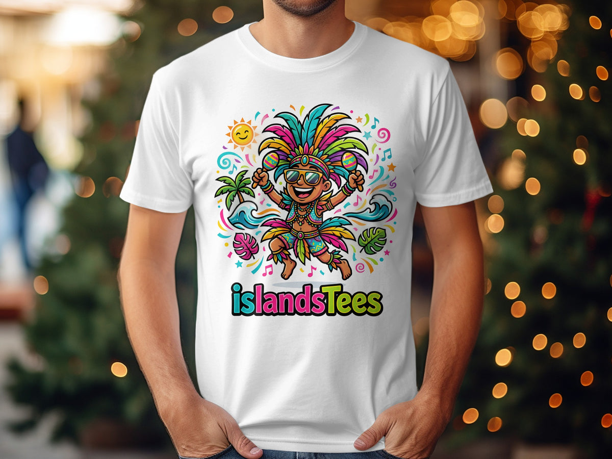 Cartoon character in colorful headdress and shorts dances with musical notes and sun.