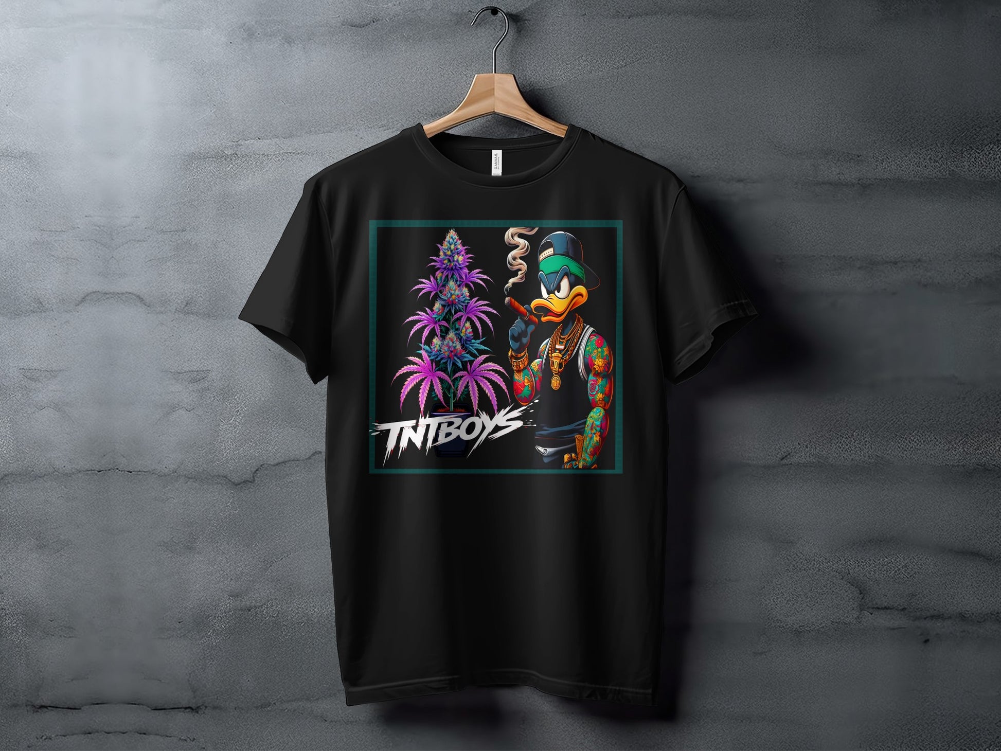 Animated duck character smoking cigar, wearing gold chains and tattoos, with marijuana plant and "TNTBOYS" text.