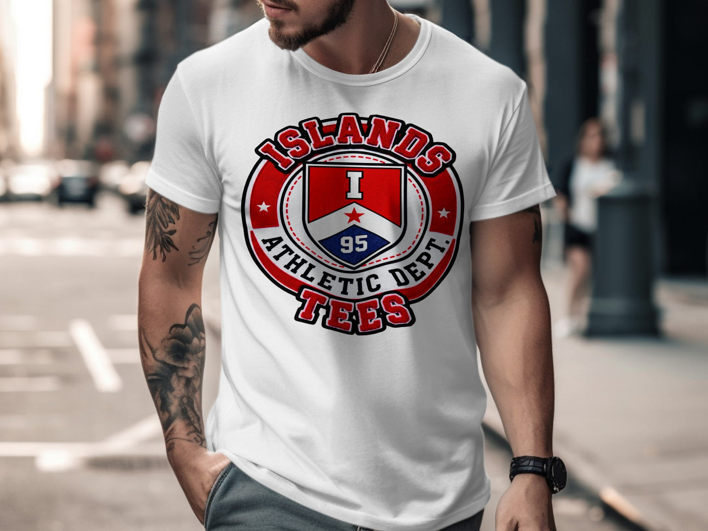 White t-shirt with circular "Islands Athletic Dept. 95" logo.