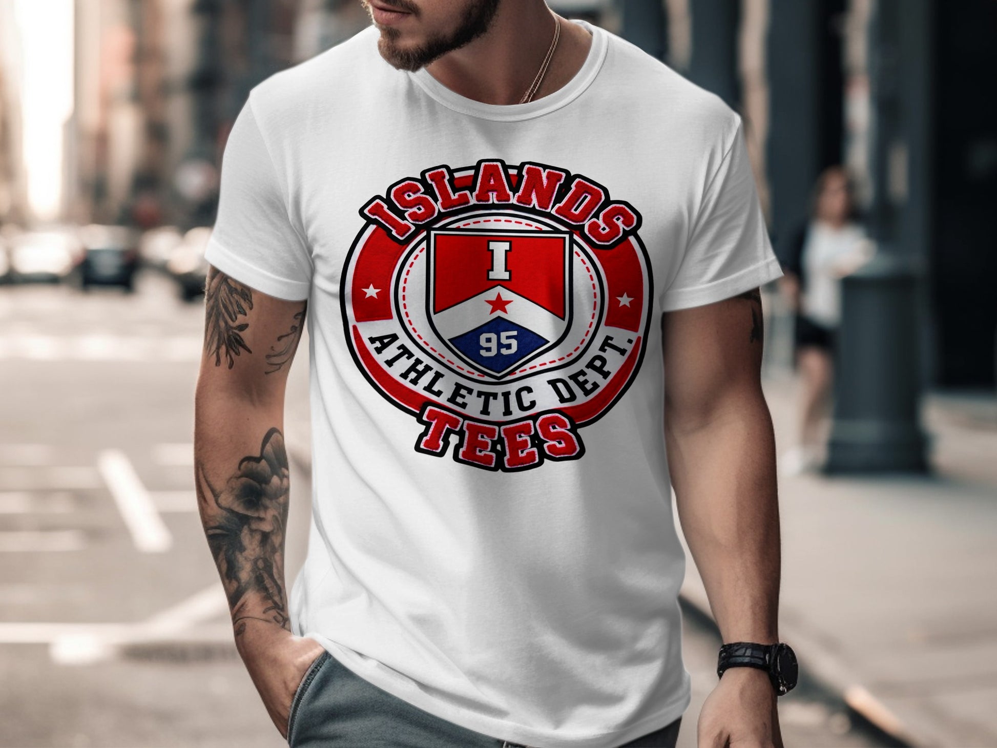 White t-shirt with circular "Islands Athletic Dept. 95" logo.