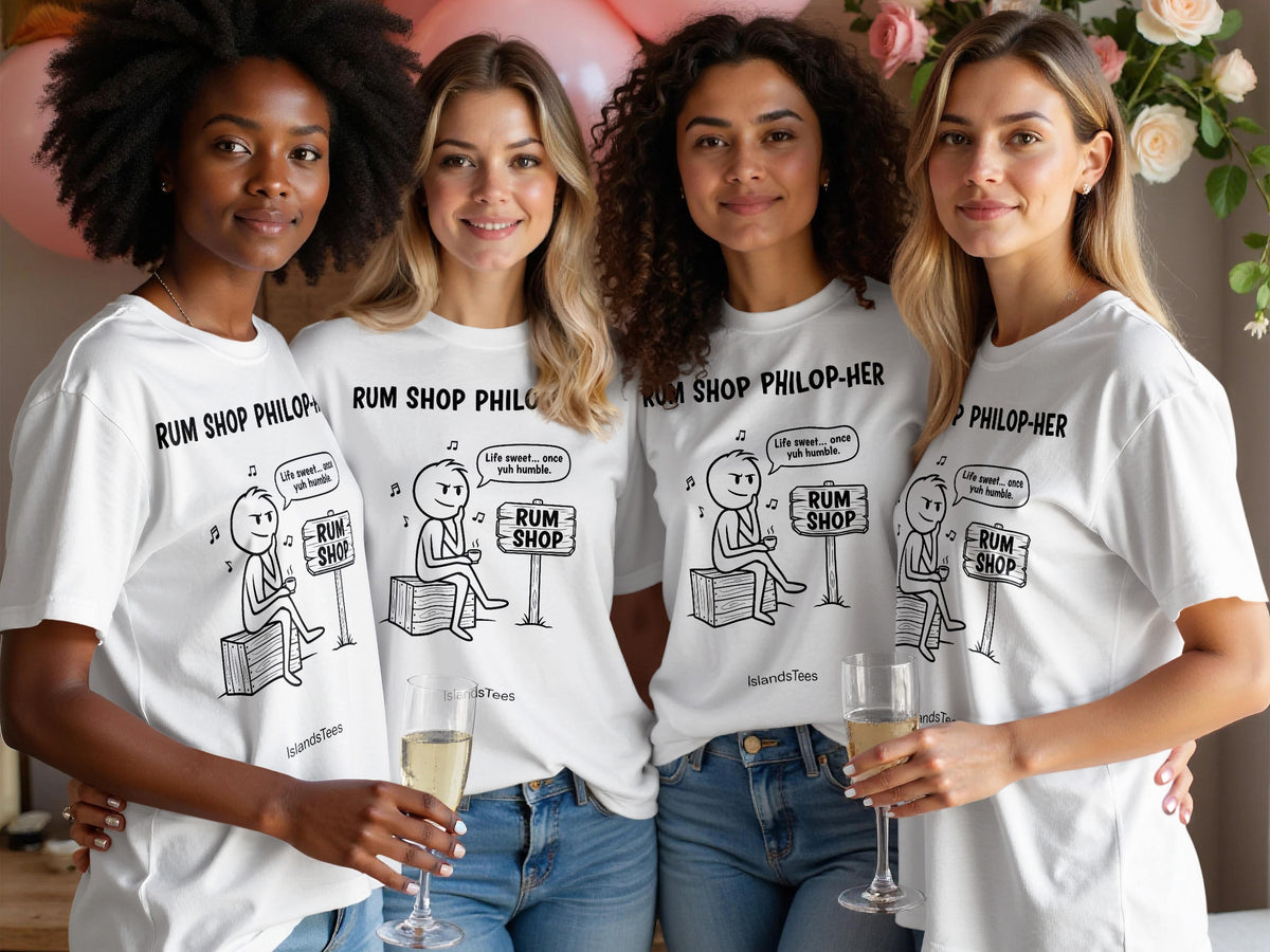 Four women in "Rum Shop" graphic t-shirts holding champagne.