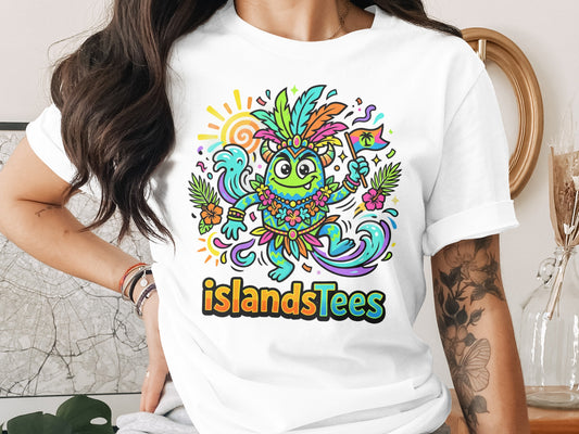 Cartoon monster in colorful island attire holding a flag, "islandsTees" text.