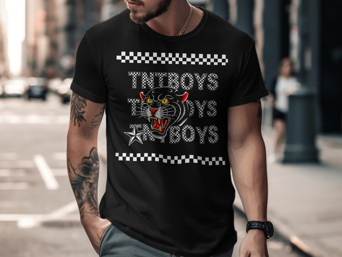 Black t-shirt with TNTBoys text, a black panther head, and checkered stripes.
