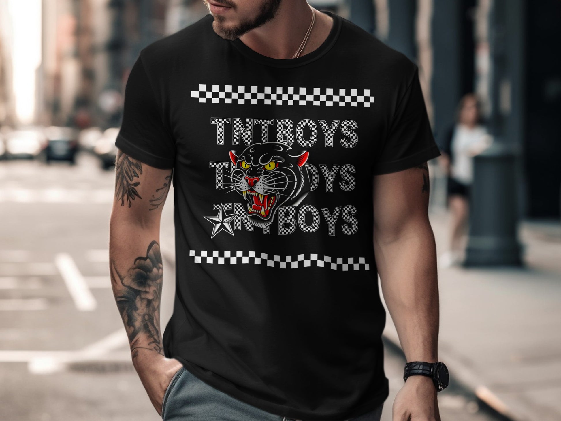 Black t-shirt with TNTBoys text, a black panther head, and checkered stripes.