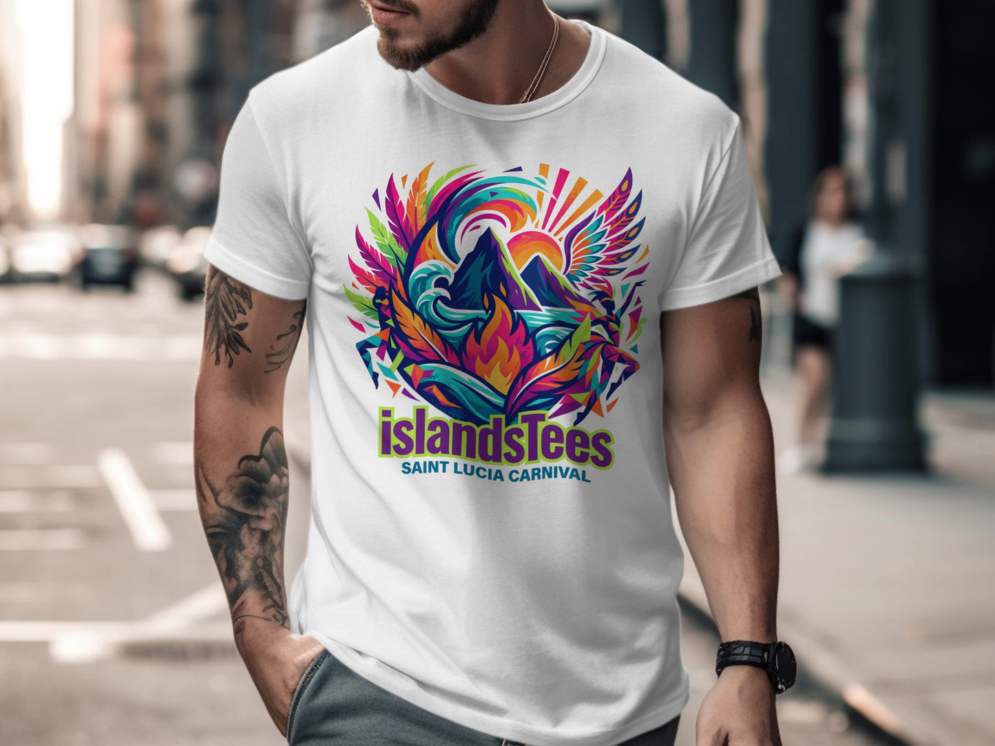 White t-shirt with "IslandsTees Saint Lucia Carnival" graphic featuring vibrant island landscape.