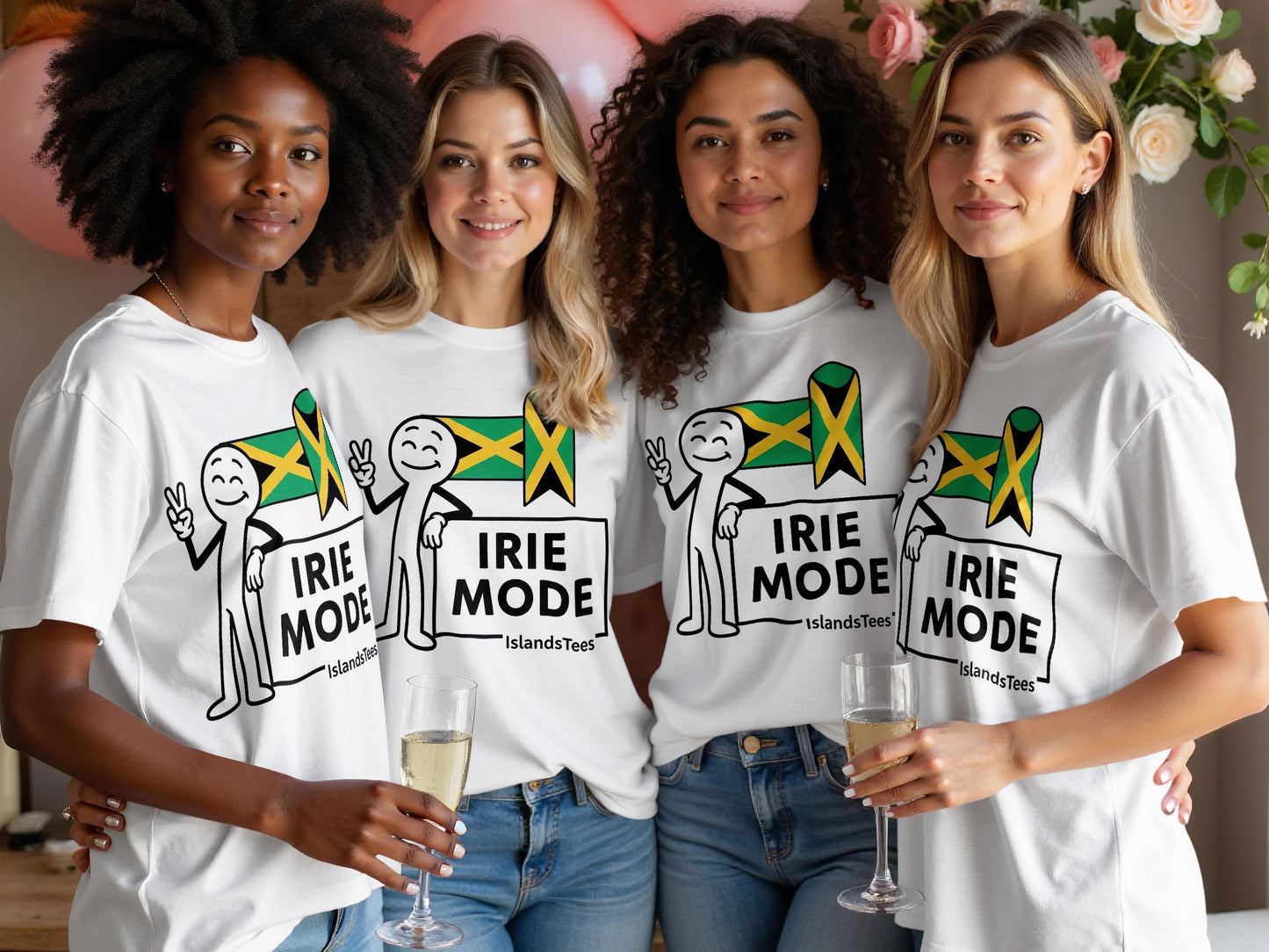 Four women wearing matching t-shirts with "Irie Mode" and Jamaican flags.