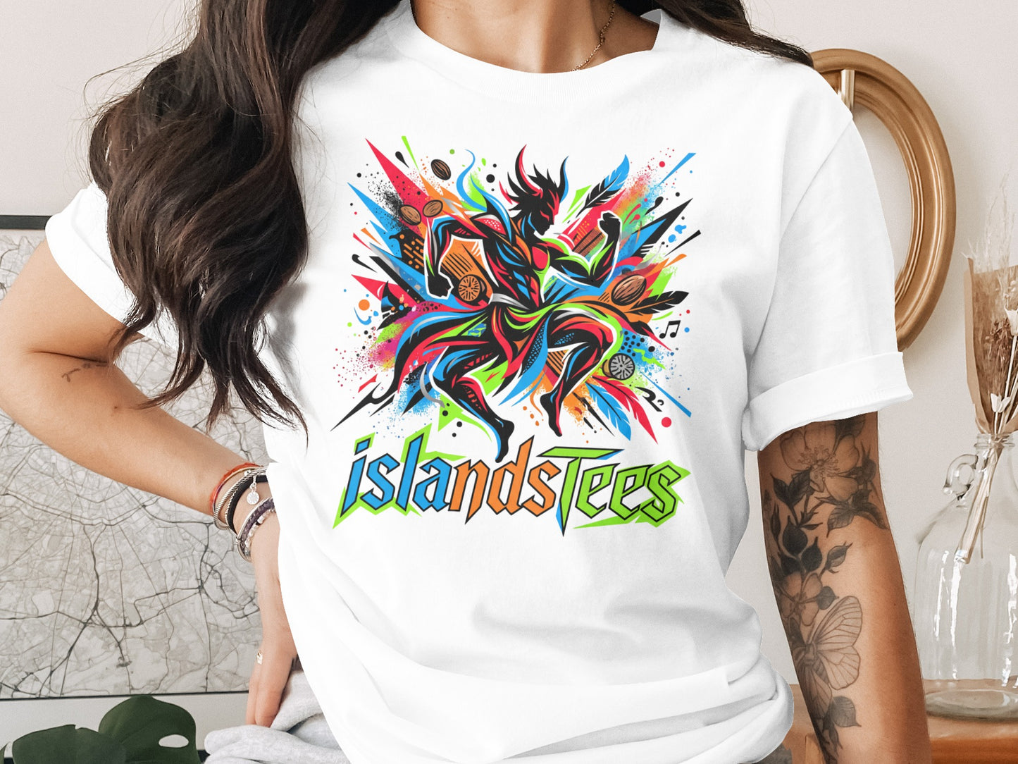 T-shirt with vibrant abstract dancer and "IslandTees" logo.