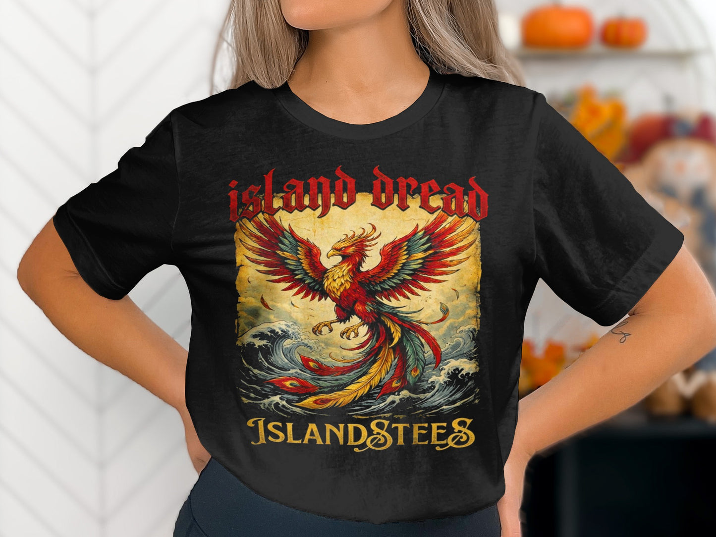 Black t-shirt with a fiery phoenix rising from waves, text "Island Dread IslandStees".