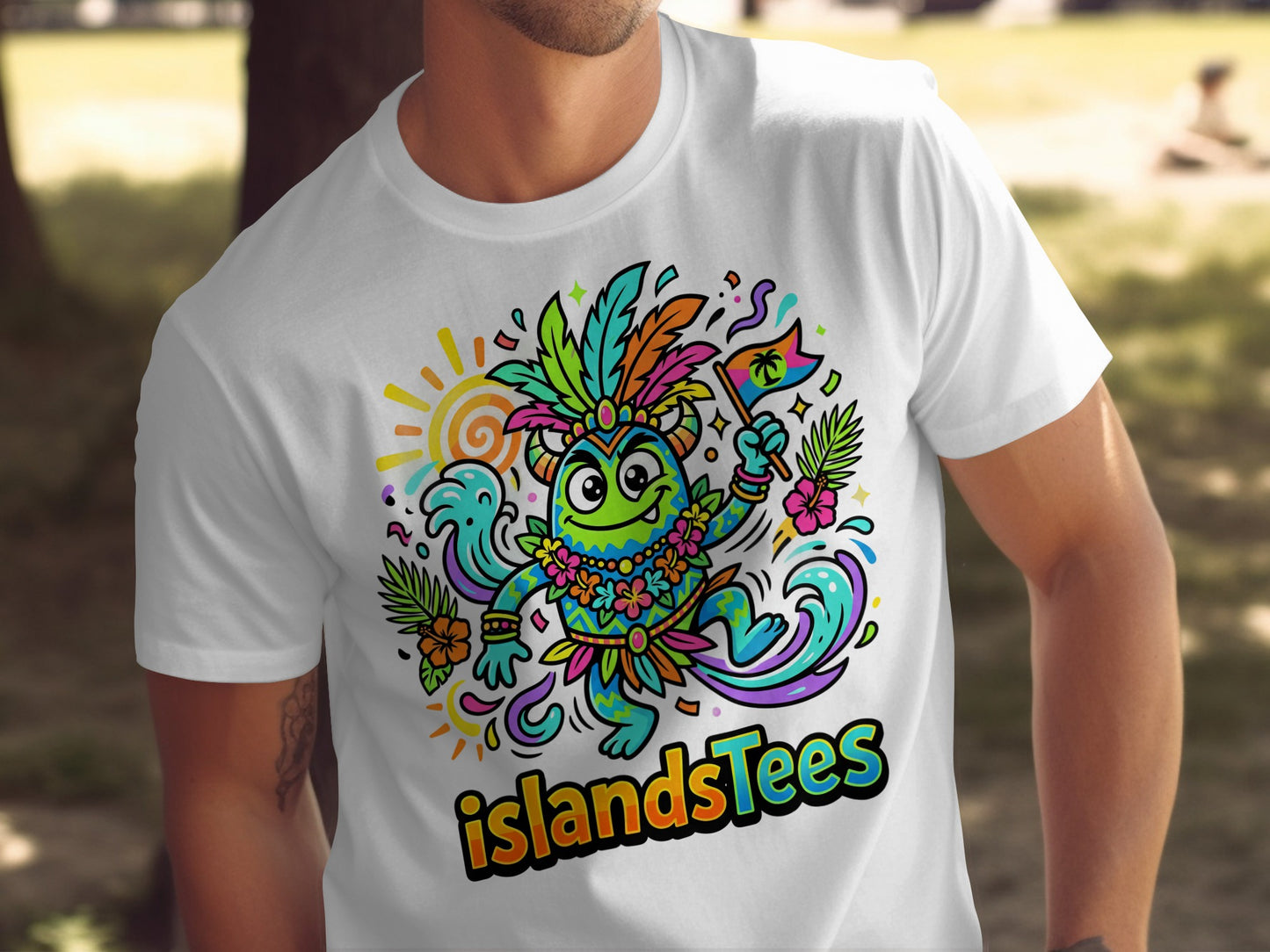 White t-shirt with a colorful, cartoon island creature wearing a headdress, holding a flag.