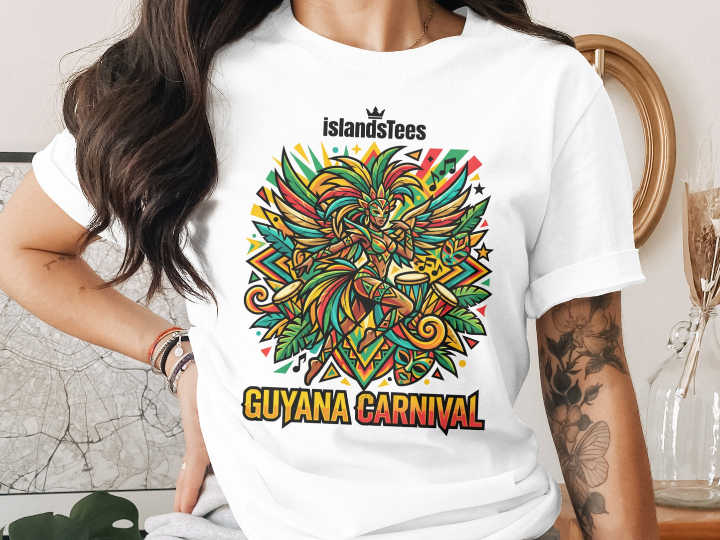 T-shirt graphic with woman playing drums at Guyana Carnival.