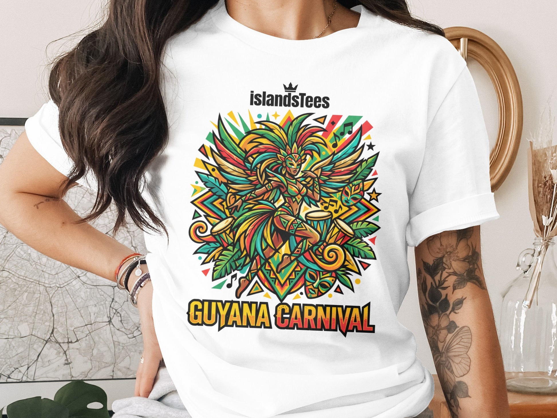 T-shirt graphic with woman playing drums at Guyana Carnival.