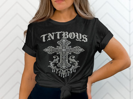 Black t-shirt with ornate cross graphic and "TNTBOYS" text.