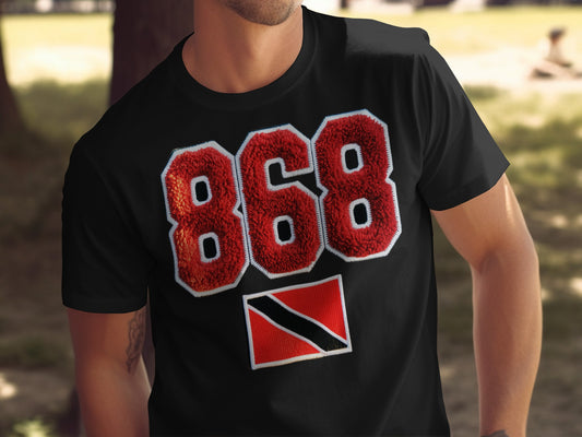 Black t-shirt with large fuzzy red 868 and Trinidad and Tobago flag.