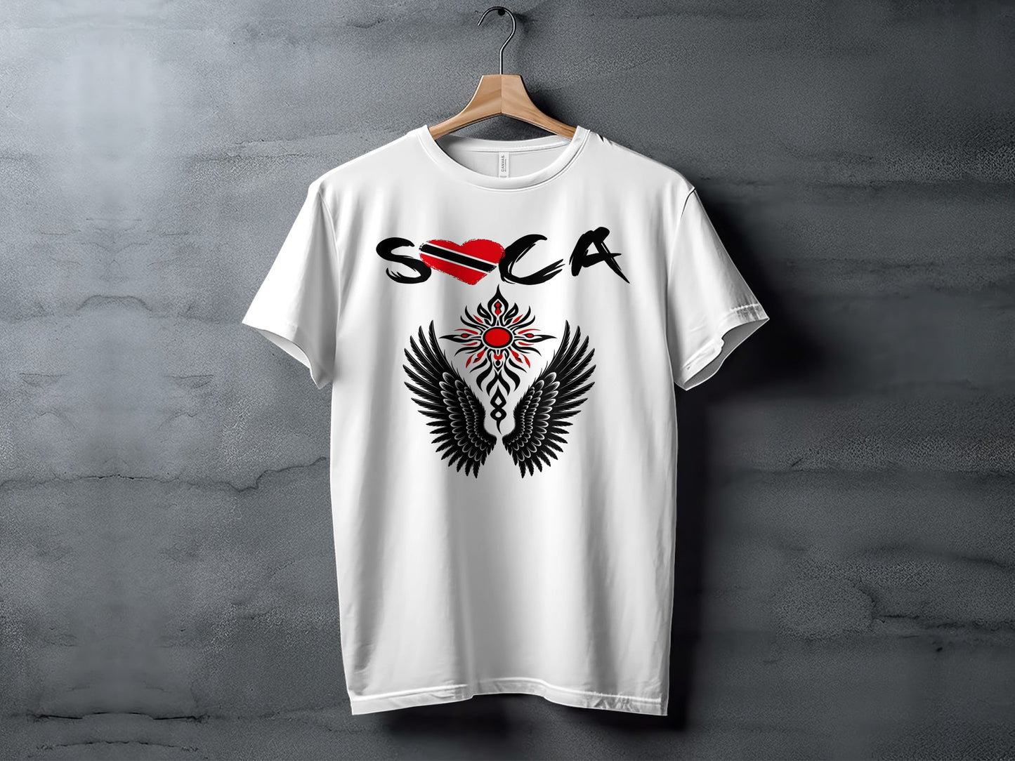 White t-shirt with "Soca" text, Trinidad and Tobago flag heart, and winged sun graphic.