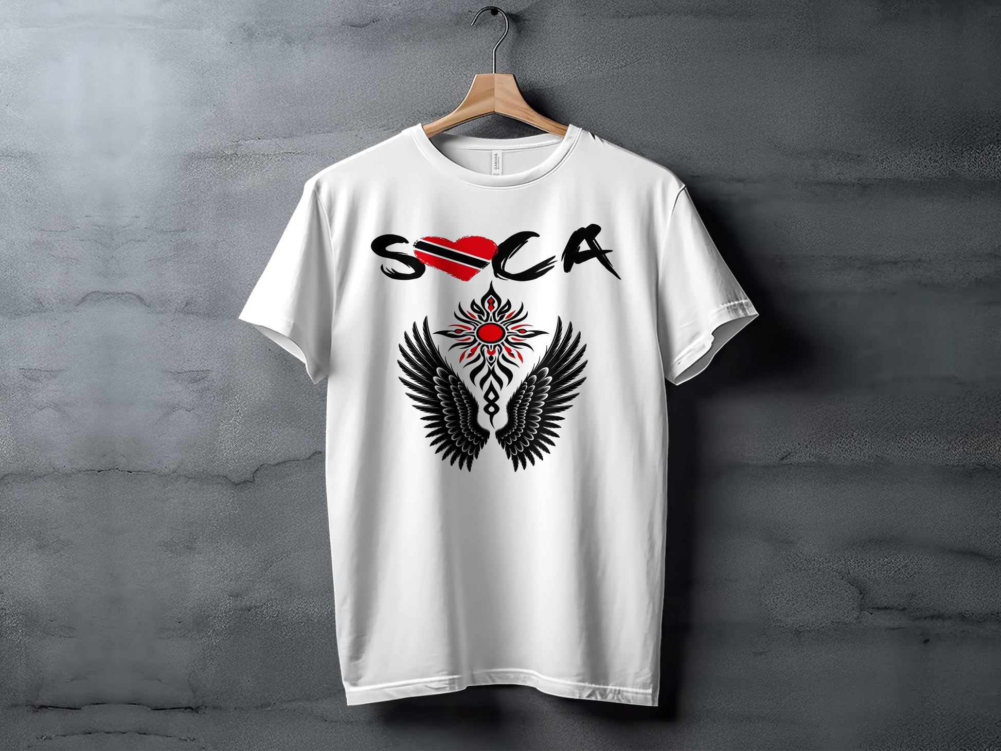 White t-shirt with "Soca" text, Trinidad and Tobago flag heart, and winged sun graphic.