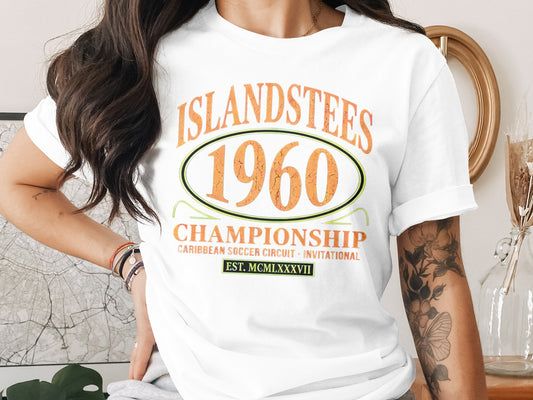 White t-shirt with "Islandstees 1960 Championship" and Roman numerals.