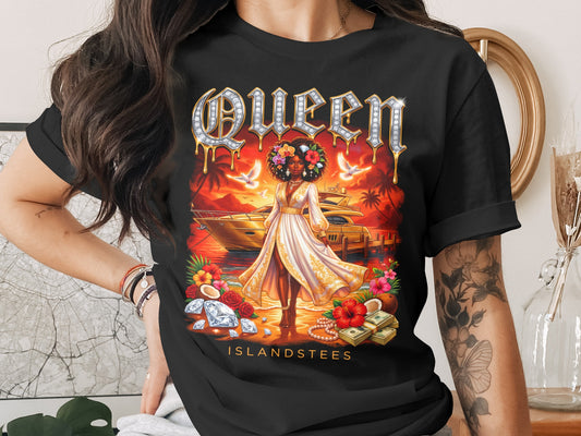 Queen Islands tees, woman in crown with yacht and tropical background.