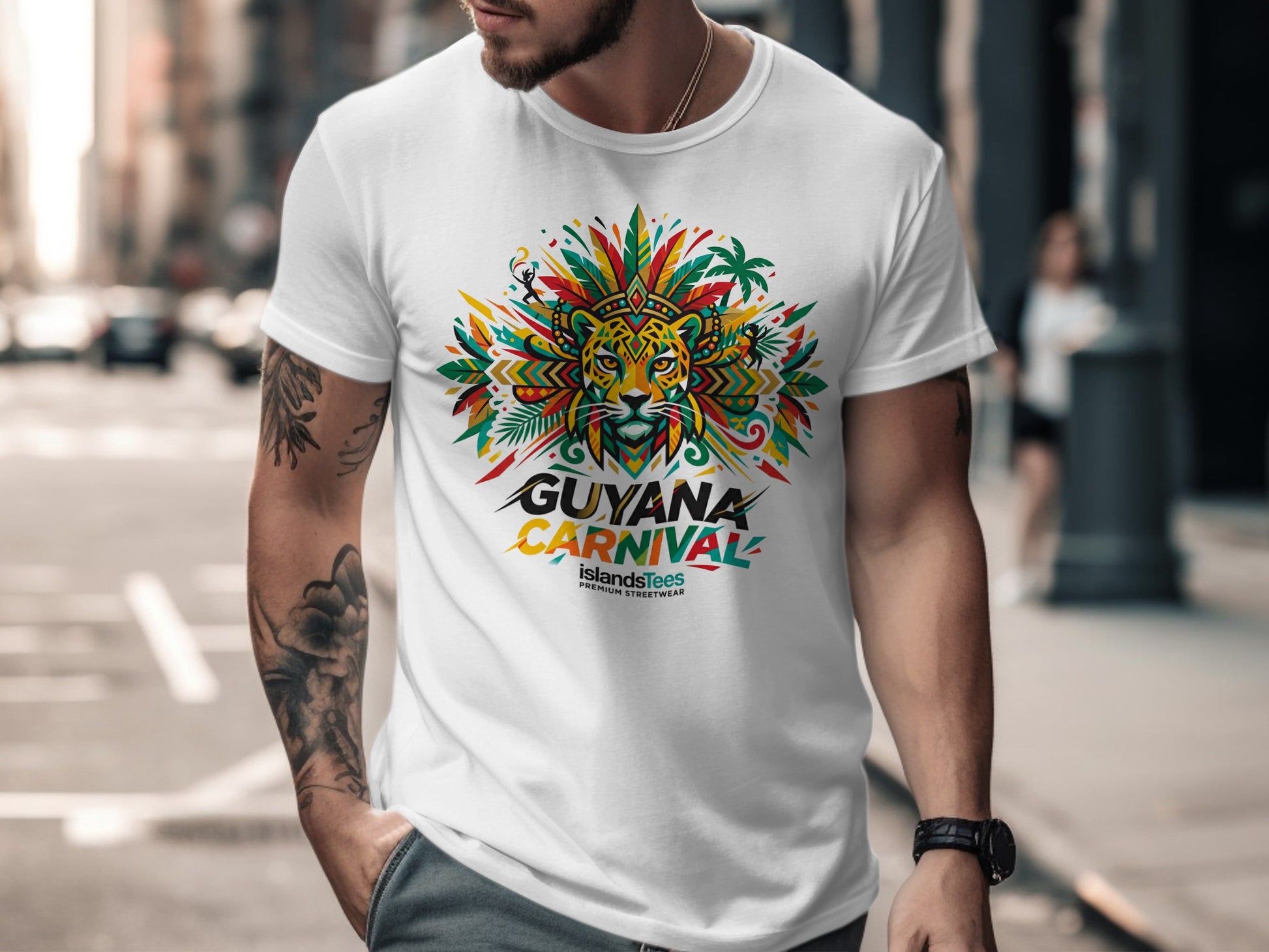 White t-shirt with colorful tropical animal design and "GUYANA CARNIVAL" text.
