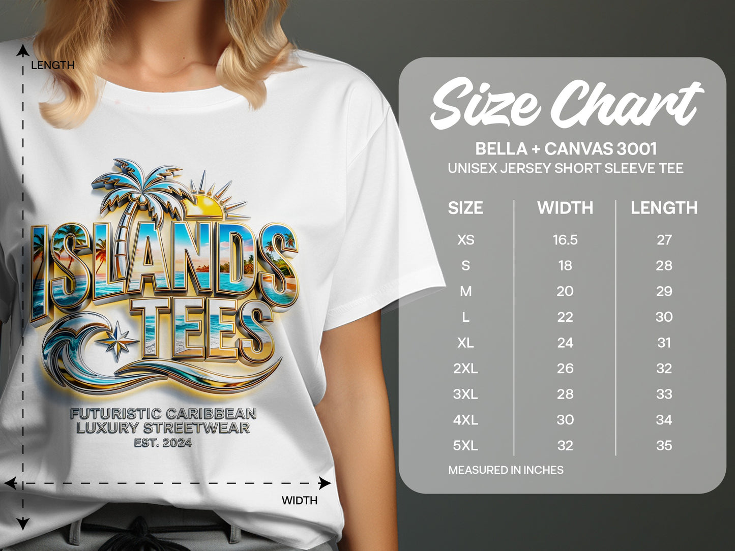 T-shirt size chart with "ISLANDS TEES" logo and measurement details.