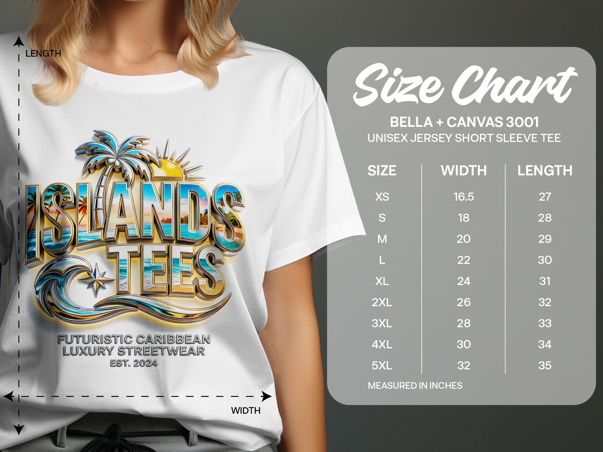 T-shirt size chart with "ISLANDS TEES" logo and measurement details.