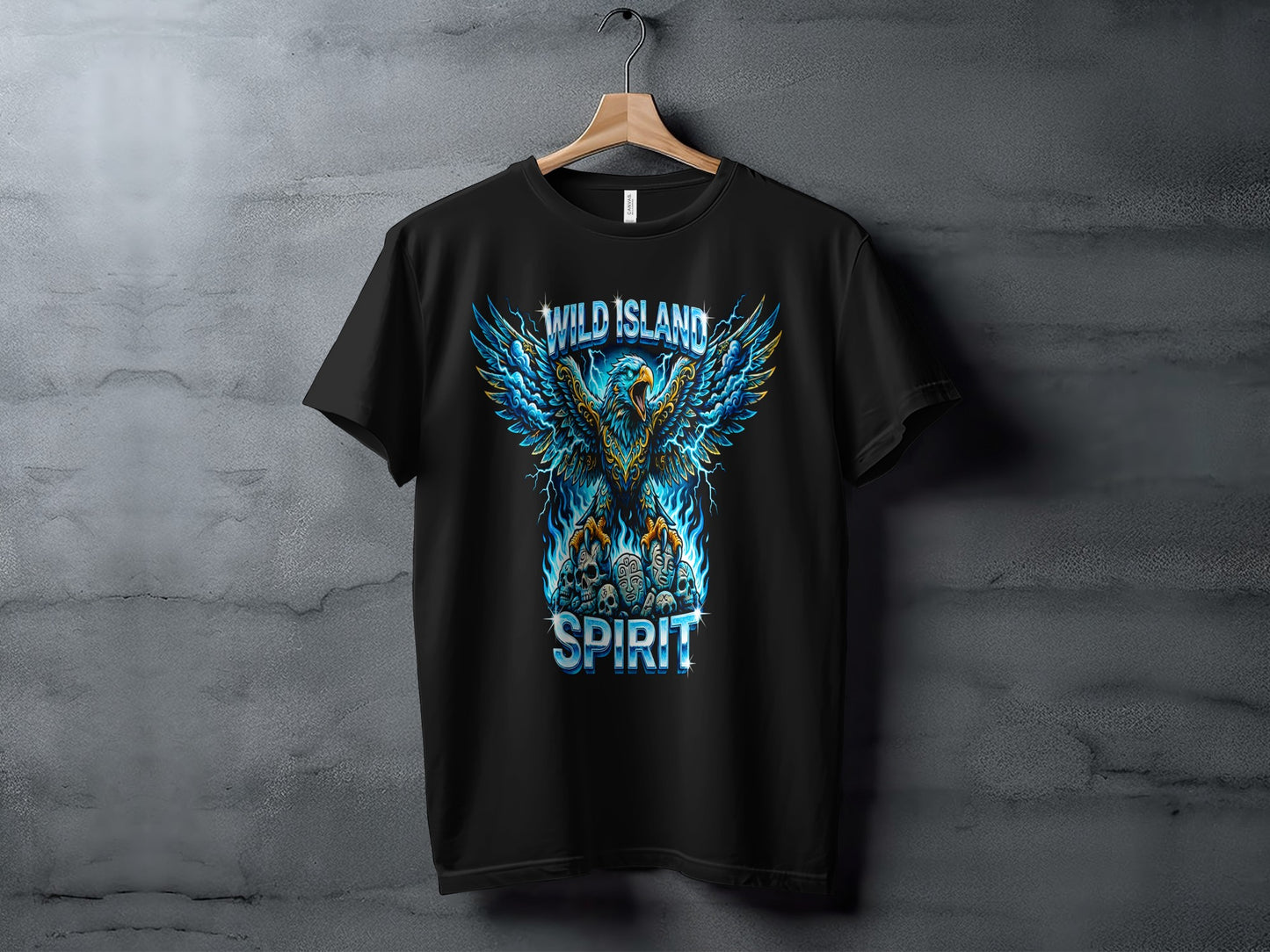 Black t-shirt with a blue and gold eagle and skulls design.