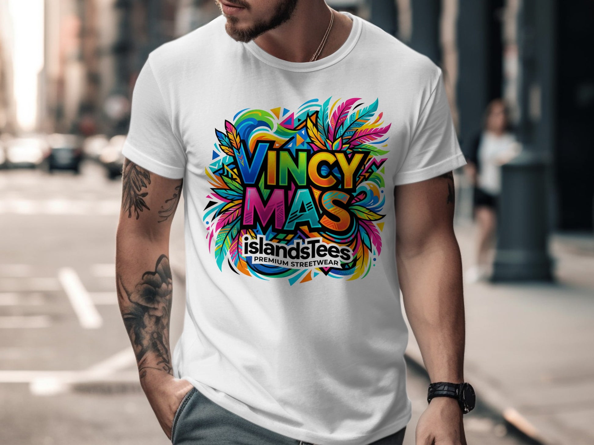 White t-shirt with "VINCIMAS ISLANDSTEES" logo featuring colorful feathers.