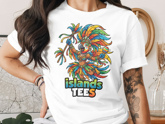 Cartoon parrot in colorful headdress dancing with maracas, "islands TEES" text.