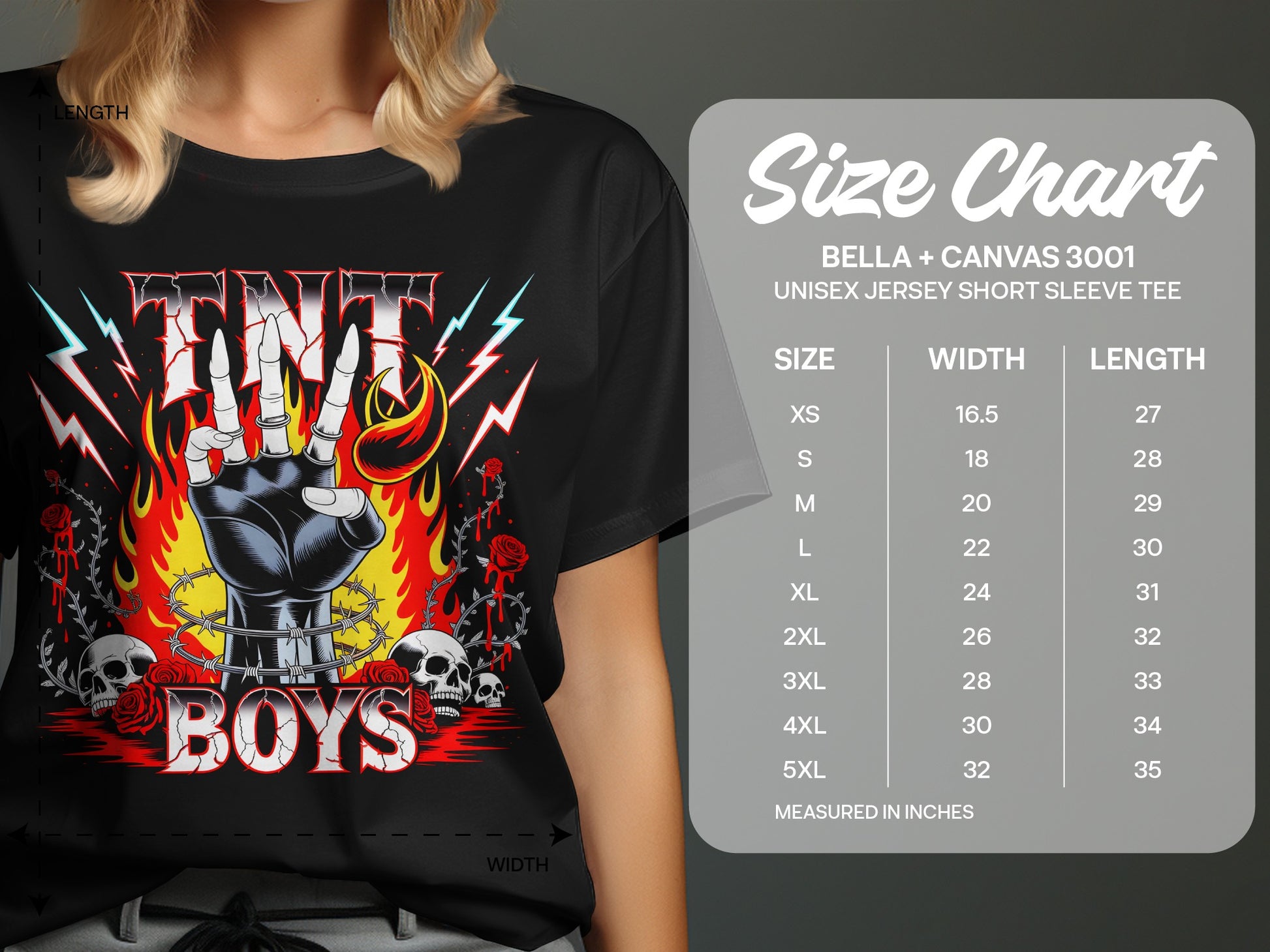 T-shirt graphic with hand, flames, roses, and "TNT BOYS" text.