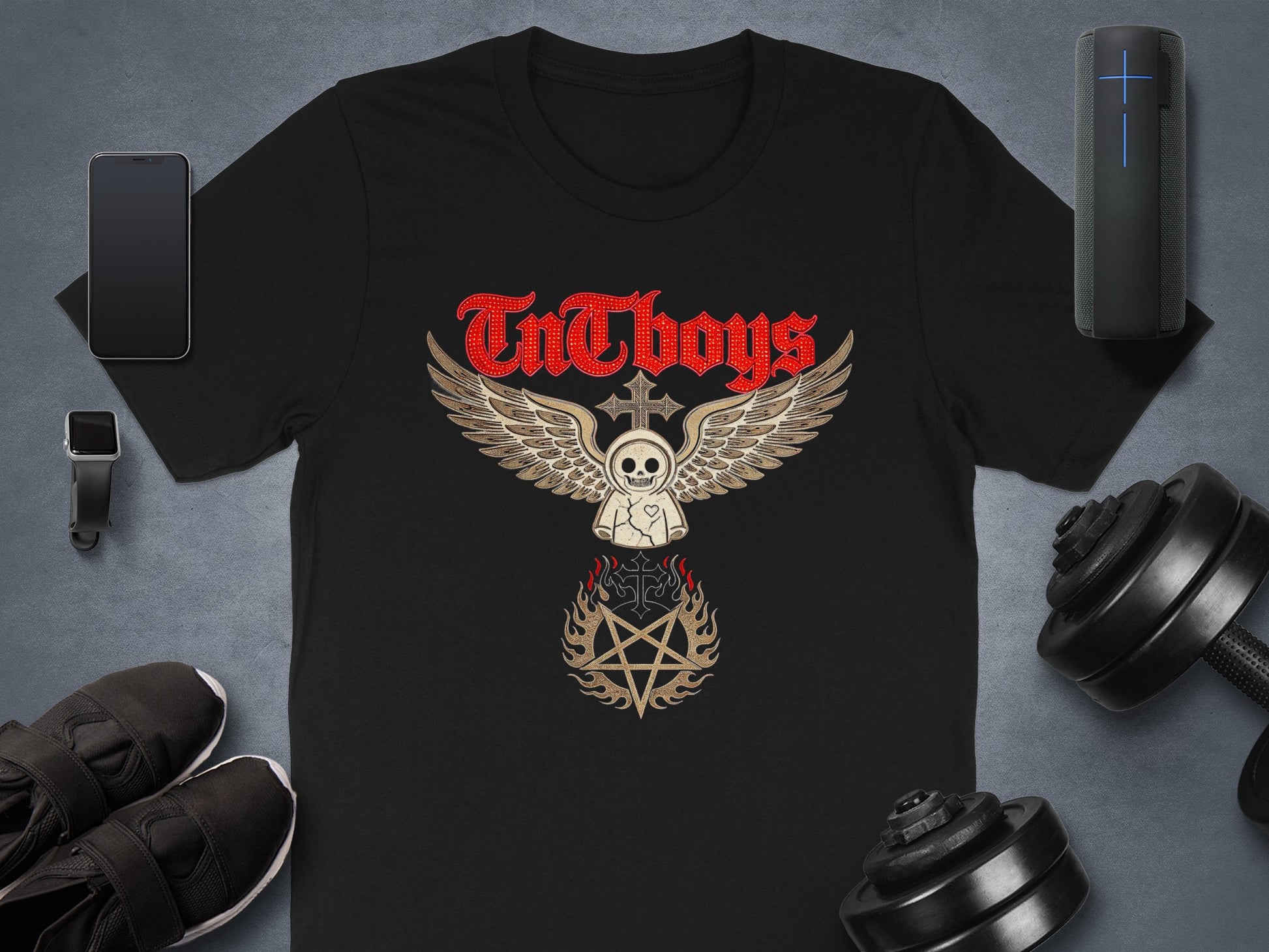 Black t-shirt with "TNT Boys" logo featuring a winged skull and flaming pentagram.