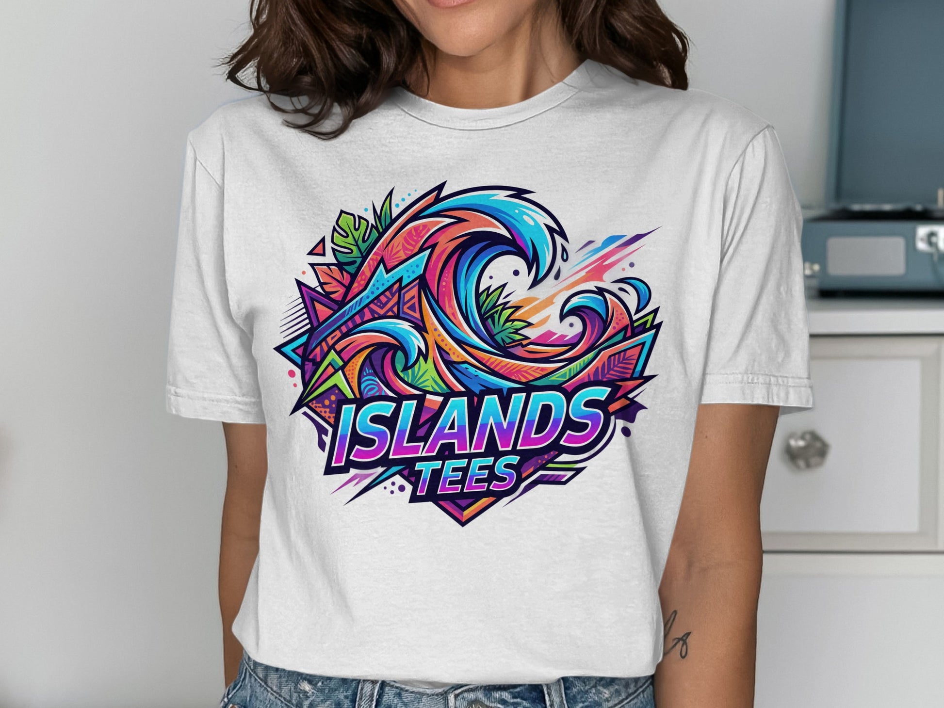 White t-shirt with a colorful abstract wave logo for Islands Tees.