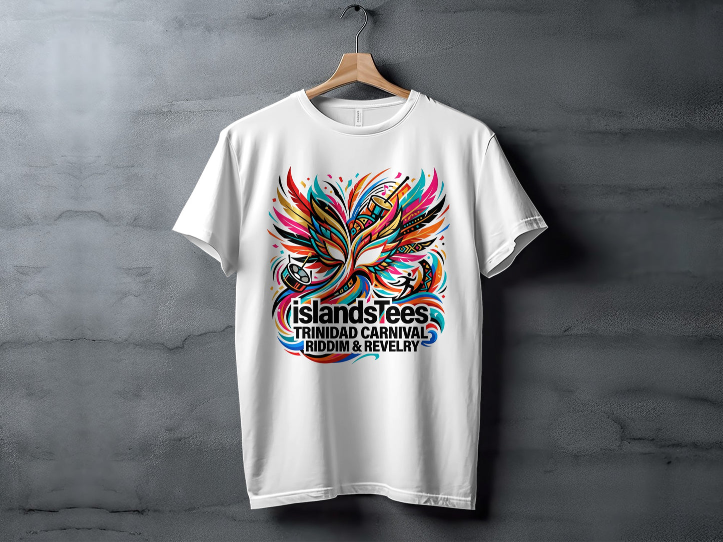 White t-shirt with vibrant Trinidad Carnival mask graphic and text.