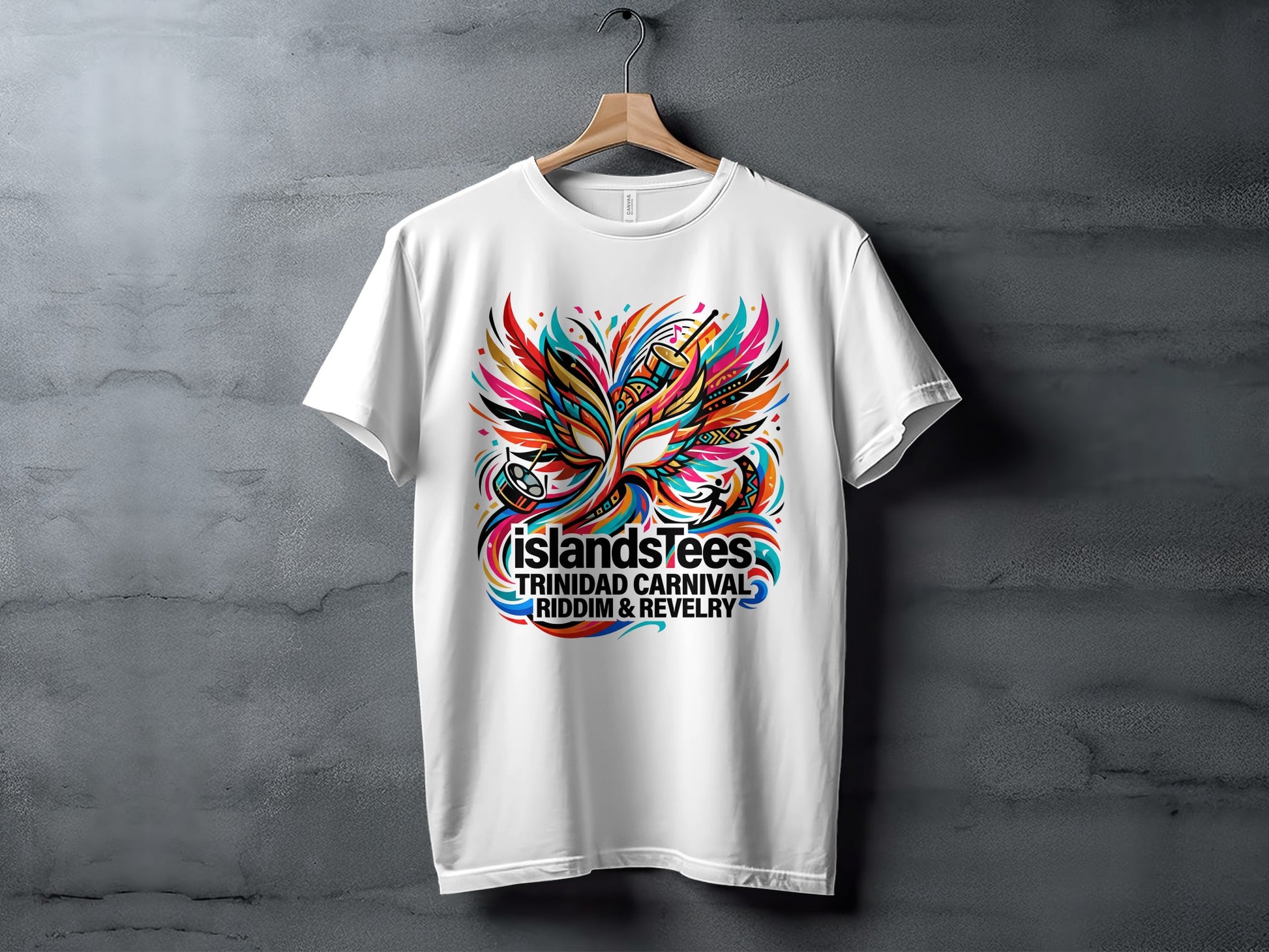 White t-shirt with vibrant Trinidad Carnival mask graphic and text.