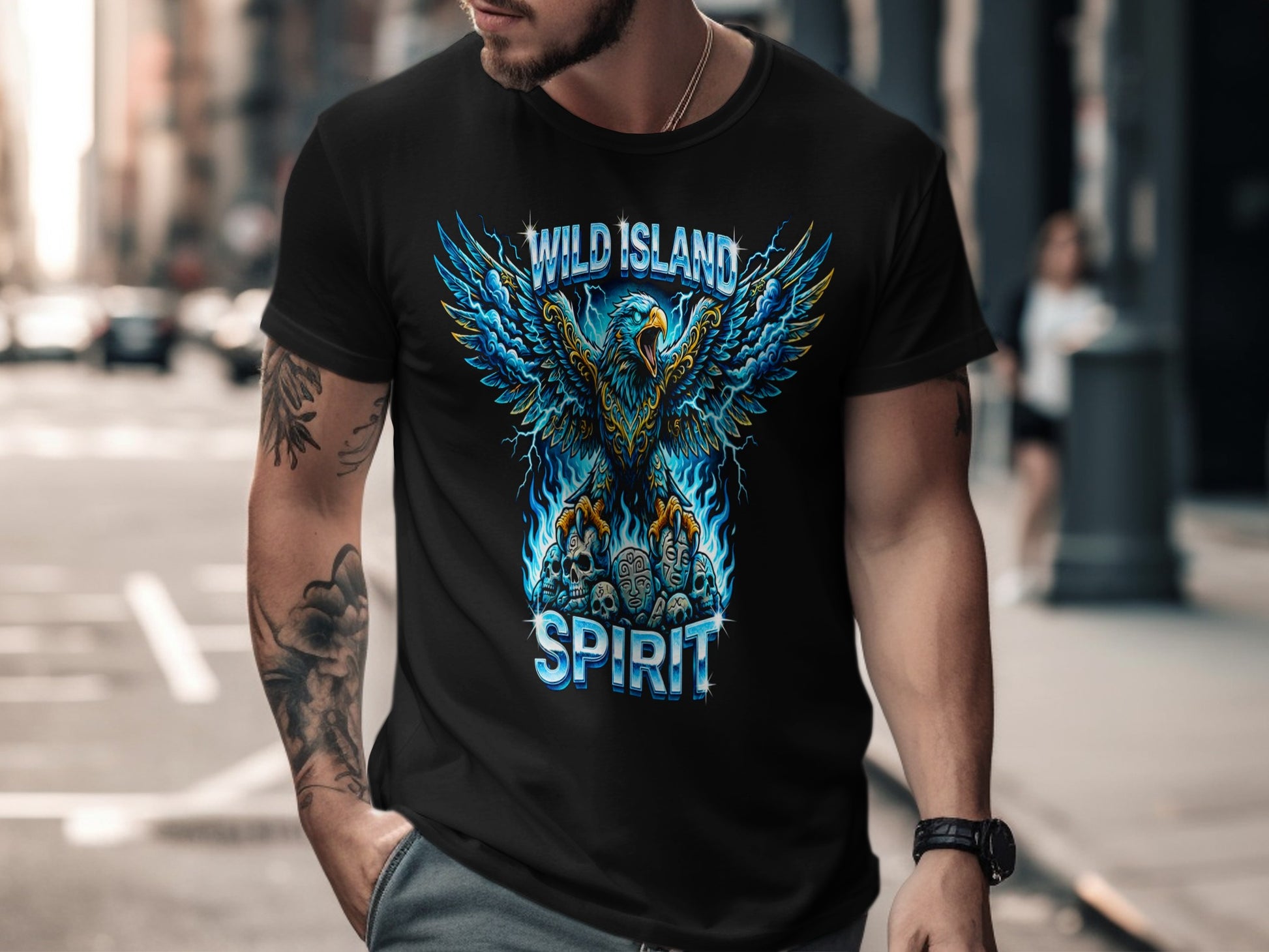 Black t-shirt with blue eagle graphic and "Wild Island Spirit" text.
