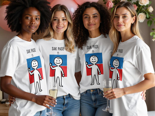 Four women wear white t-shirts with a graphic of a stick figure with red and blue arms and legs.