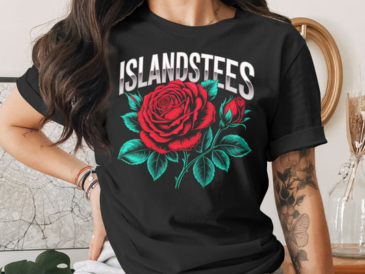 Black t-shirt with "ISLANDSTEES" text above a red rose and bud.
