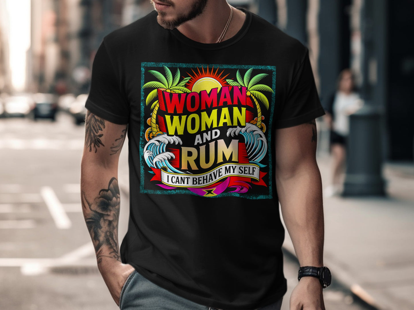 Black t-shirt with "Woman and Rum I Can't Behave Myself" text and tropical graphics.