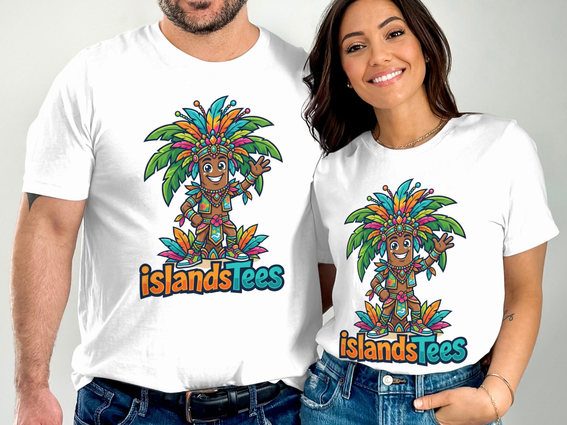 Two people wearing white t-shirts with a cartoon palm tree character and "islandsTees" logo.