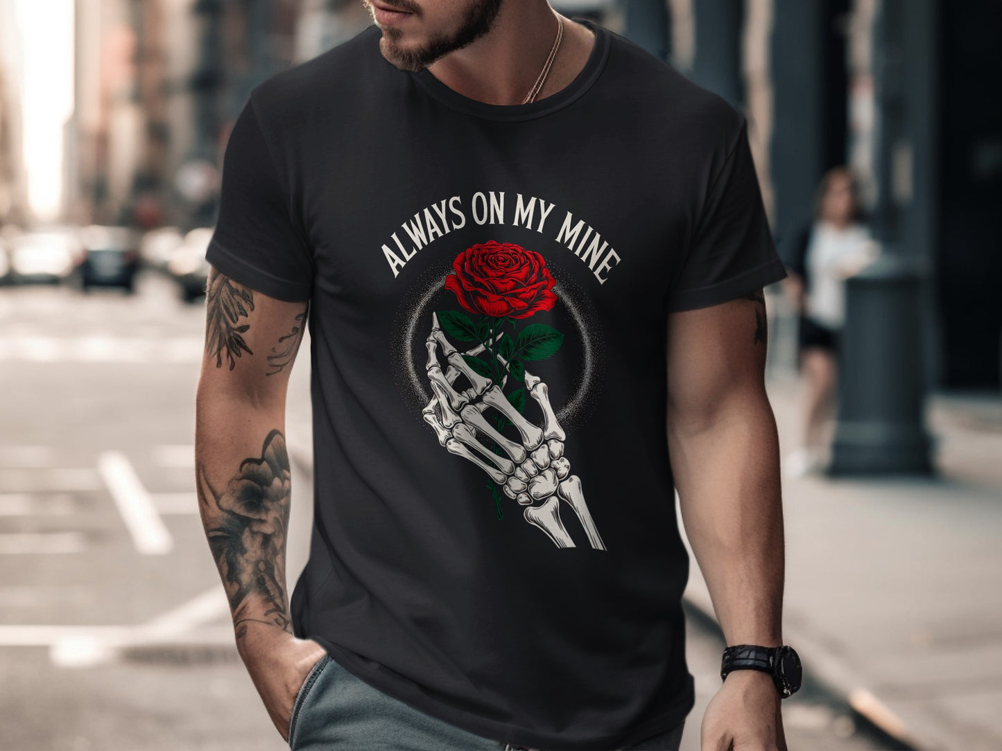 Always On My Mine Skeleton Hand and Red Rose Shirt
