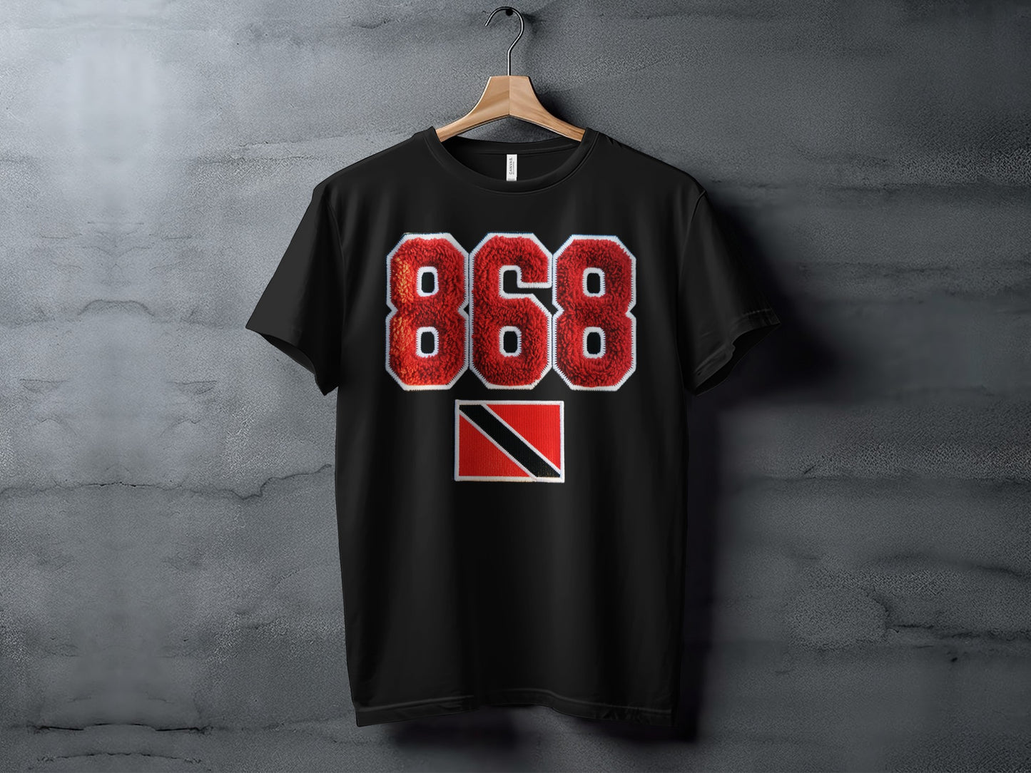 Black t-shirt with sequined 868 and Trinidad and Tobago flag.