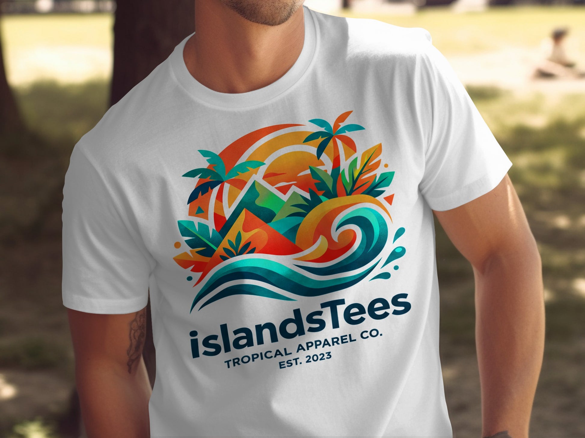 White t-shirt featuring colorful tropical island sunset graphic and "Islands Tees" logo.
