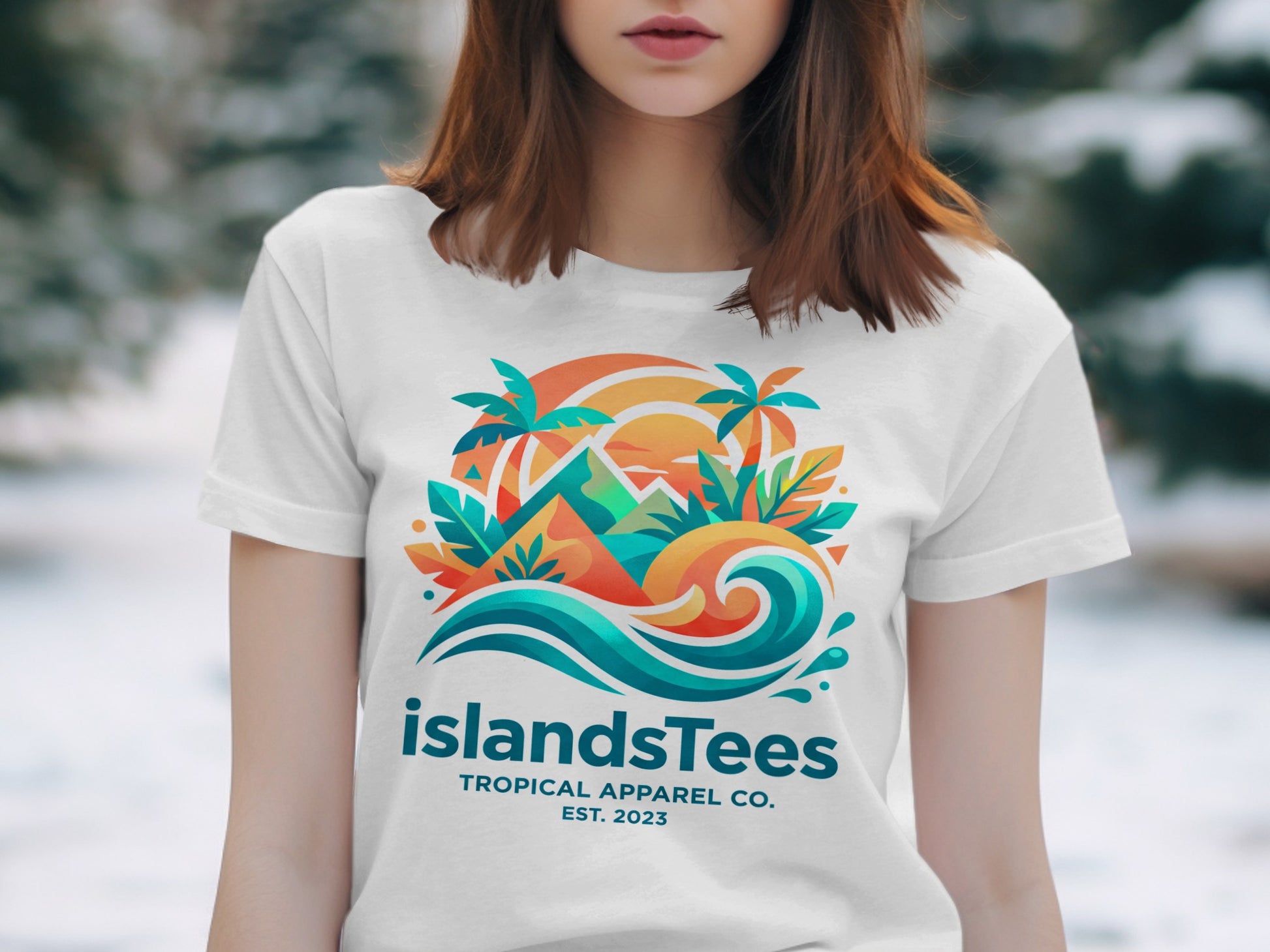 White t-shirt with "IslandsTees Tropical Apparel Co." logo featuring beach scene.