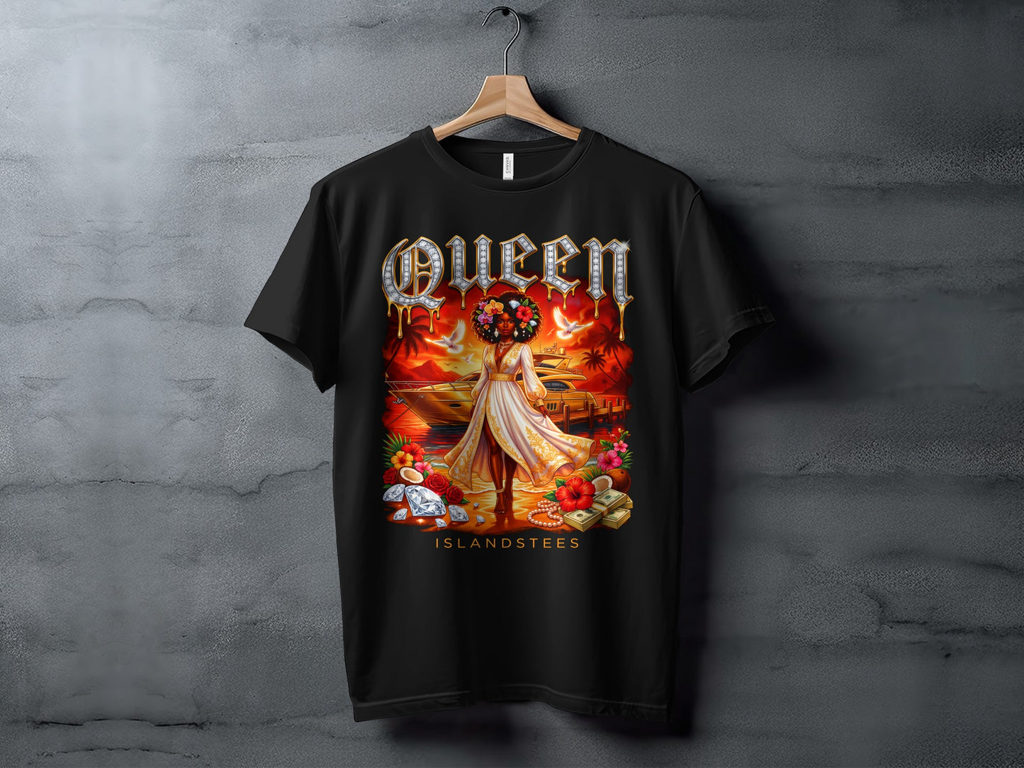 Black t-shirt with "Queen" graphic featuring a woman on a yacht with tropical islands and money.
