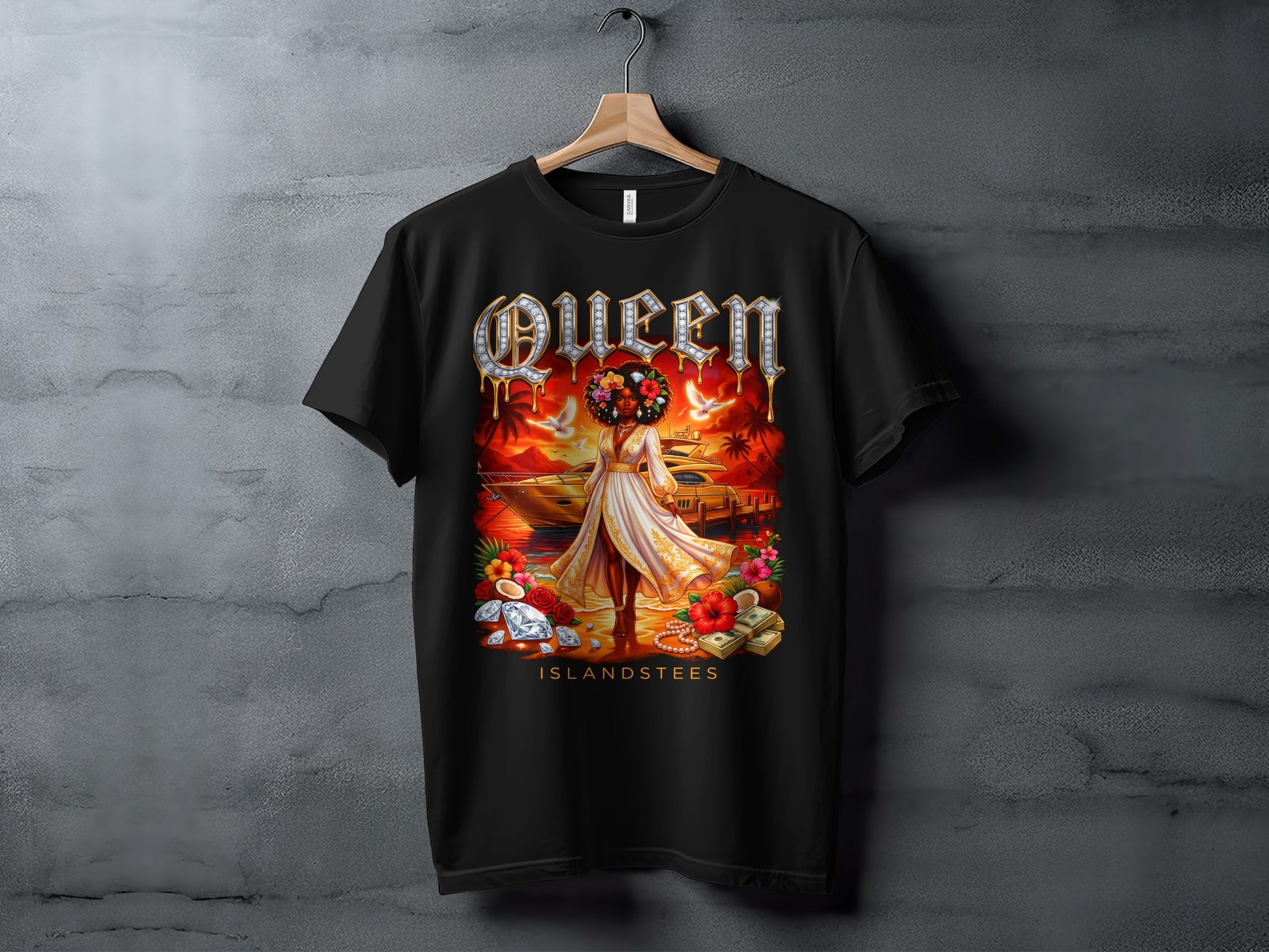 Black t-shirt with "Queen" graphic featuring a woman on a yacht with tropical islands and money.