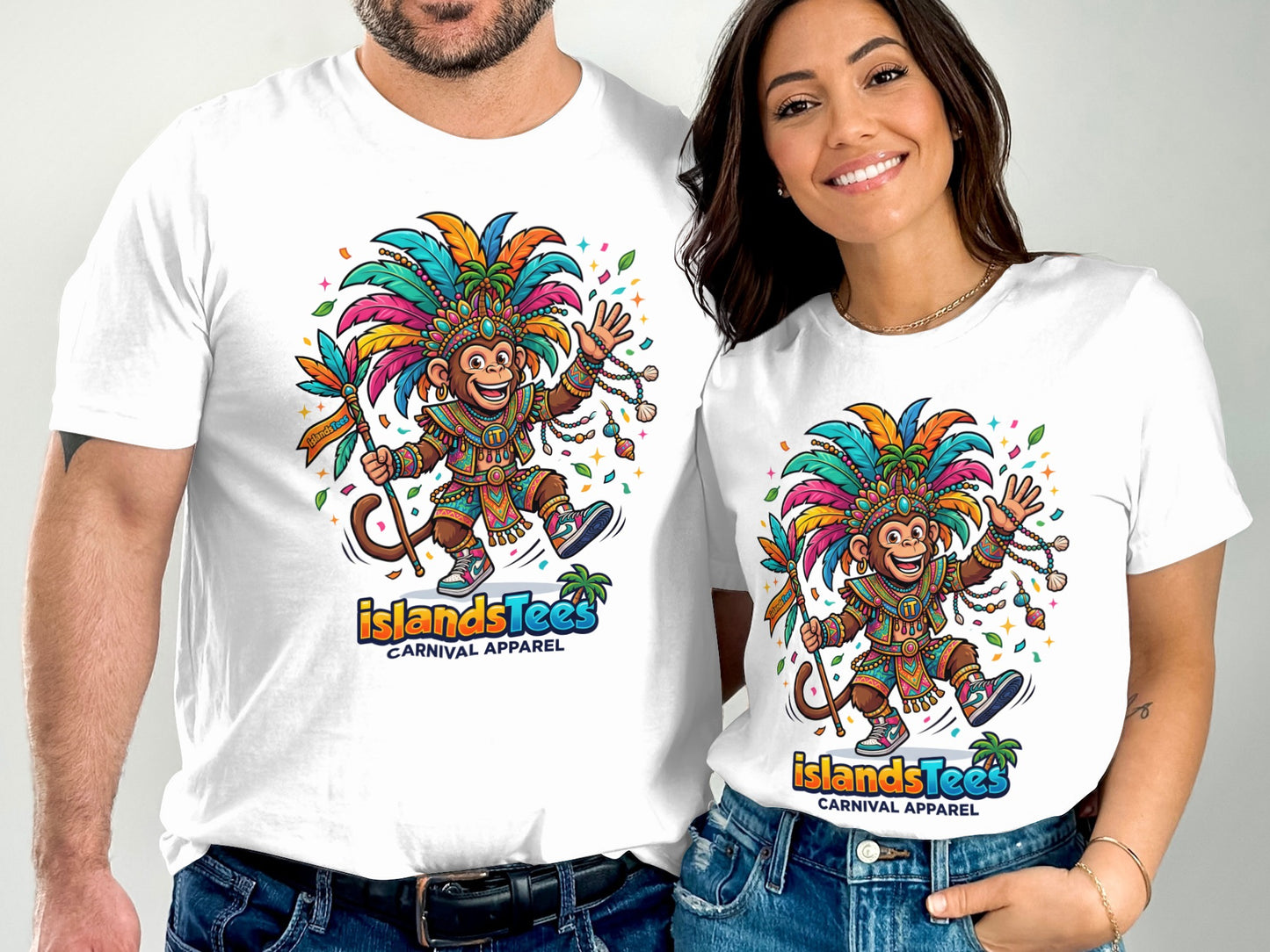 Two people wearing white t-shirts with a colorful monkey carnival design.