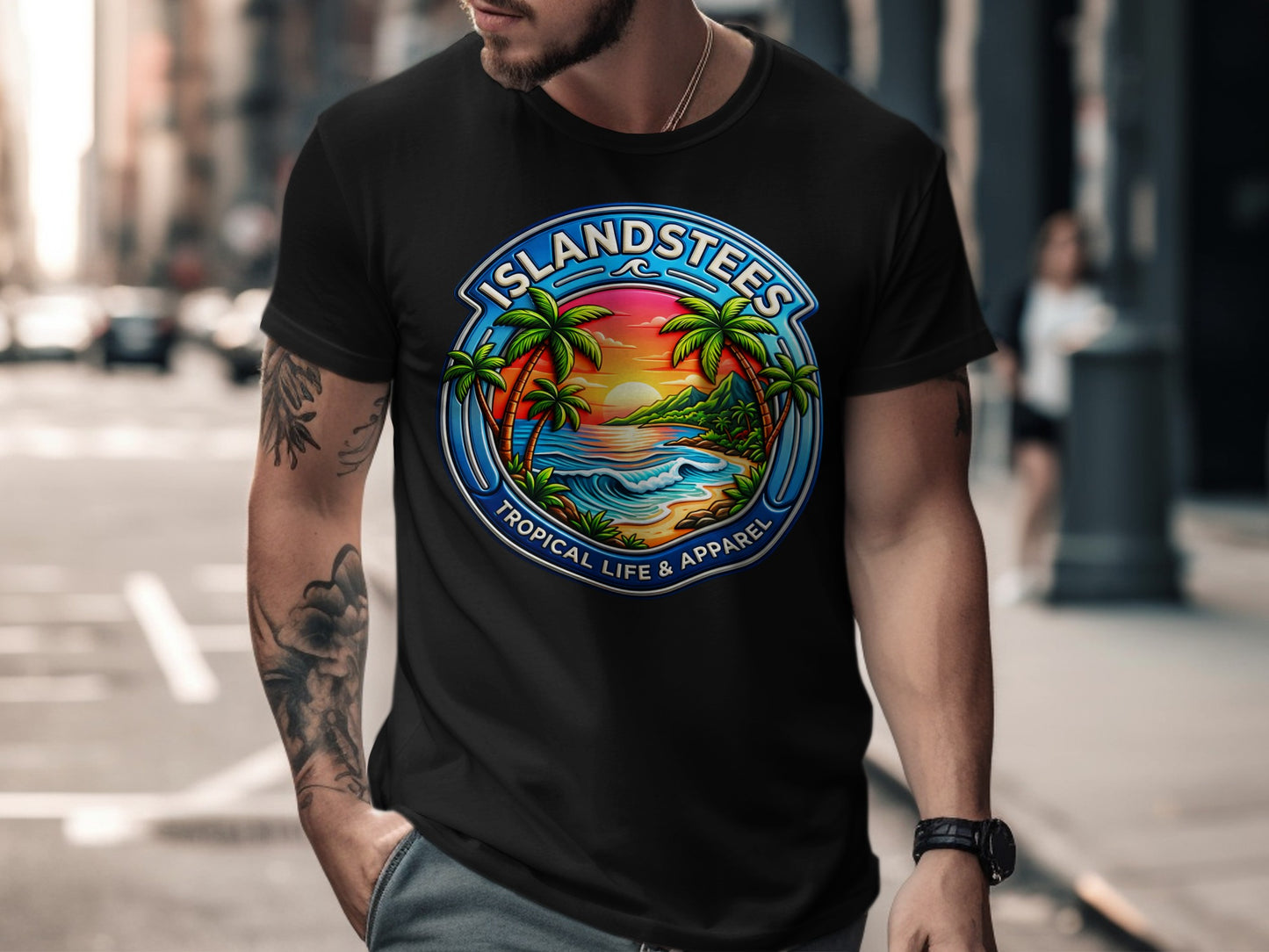 Black t-shirt with circular tropical beach scene logo, "Islandstees Tropical Life & Apparel".