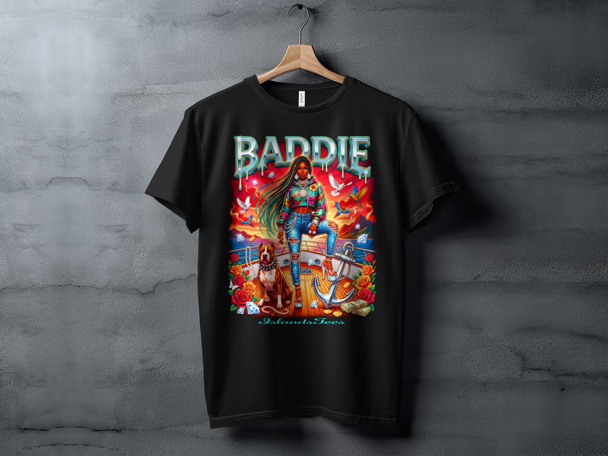 Black t-shirt with "Baddie" graphic featuring a woman, dog, boat, and anchors.