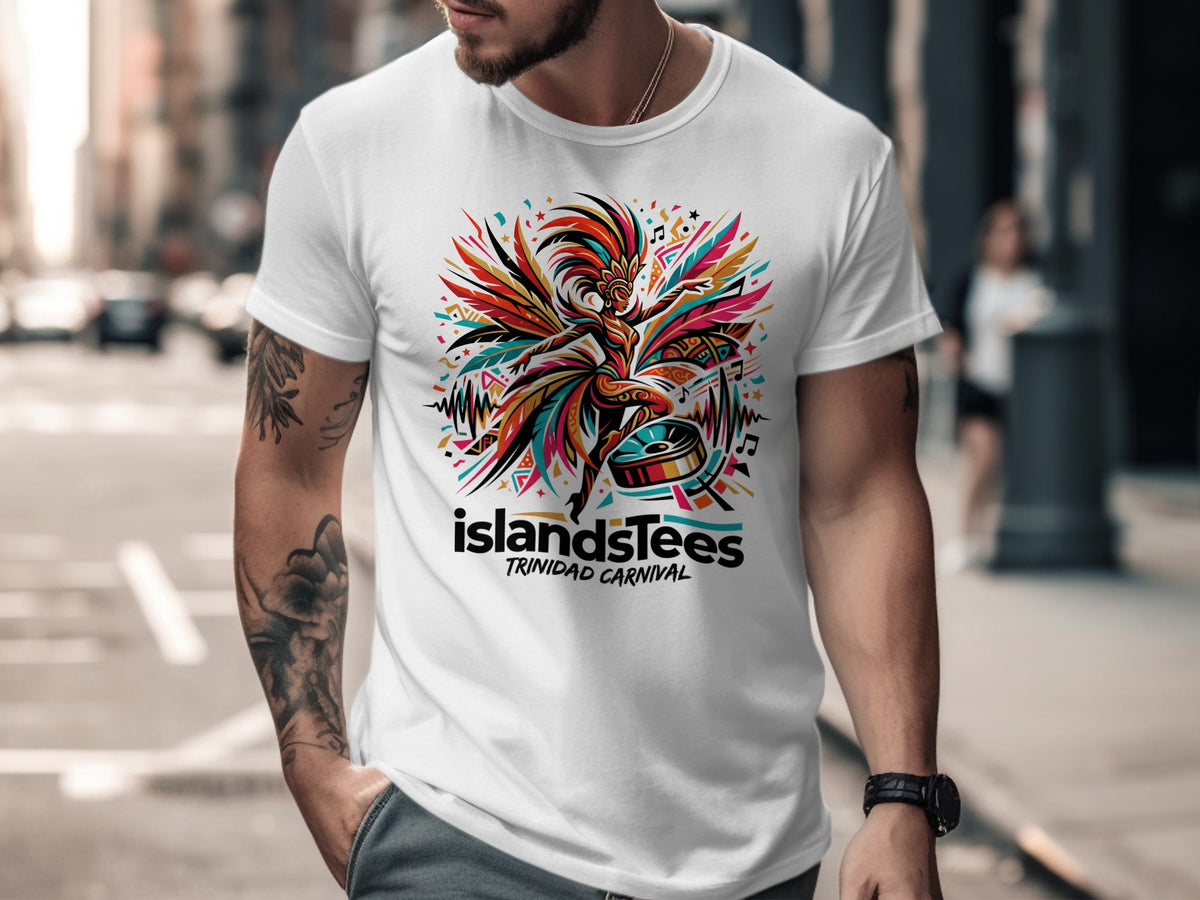 White t-shirt with colorful Trinidad Carnival graphic and text.
