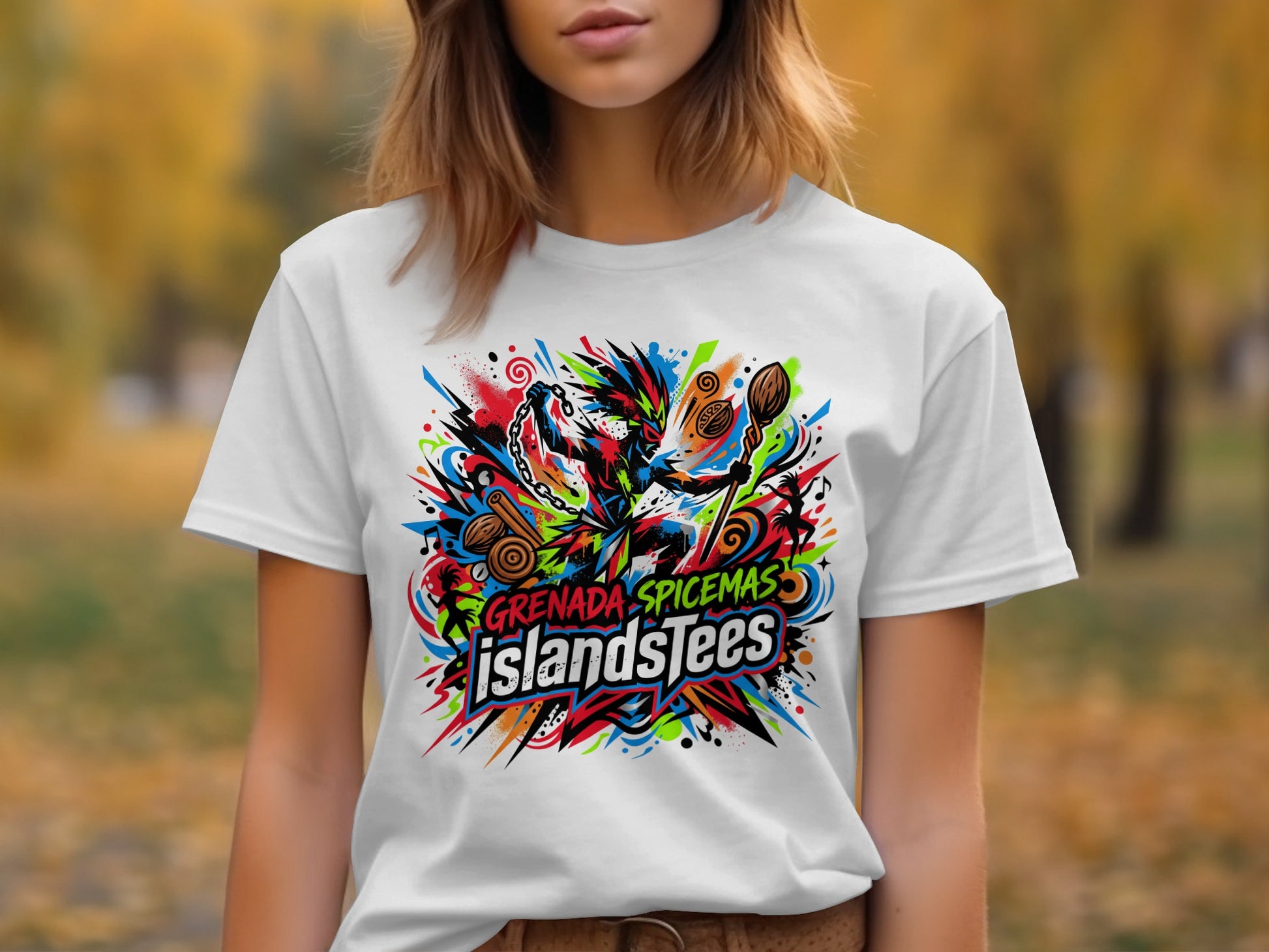 White t-shirt with vibrant "Grenada SpiceMas IslandsTees" graphic design.