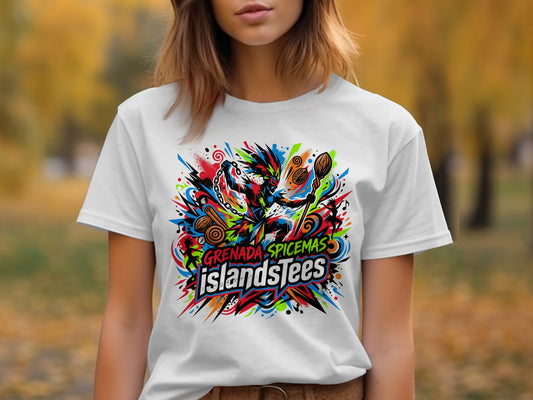 White t-shirt with vibrant "Grenada SpiceMas IslandsTees" graphic design.